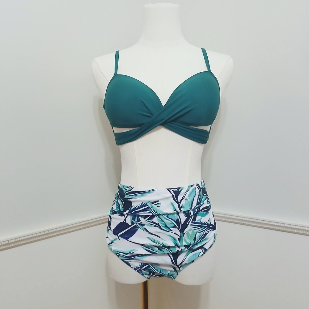Teal‎ Tropical Leaf High Waisted Bikini Set Medium Twist Front Push Up NWOT